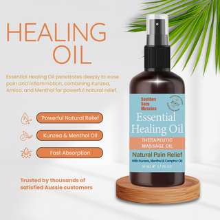 Bottle of Essential Healing Oil with descriptive text on a light background