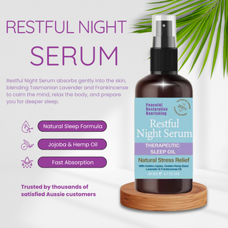 Restful Night Serum bottle with product details on a white background