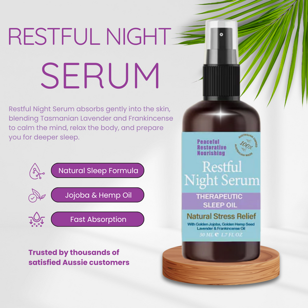 Restful Night Serum bottle with product details on a white background