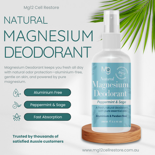 Natural magnesium deodorant bottle with product details on a light background