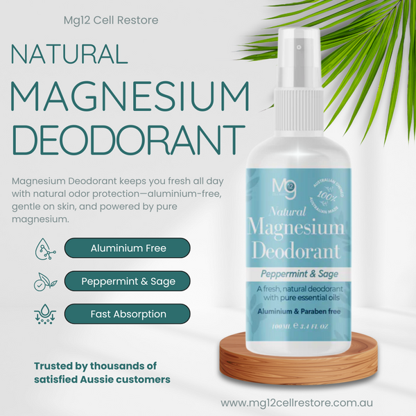 Natural magnesium deodorant bottle with product details on a light background