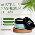 Australis Magnesium Cream jar with green leaf on a white background