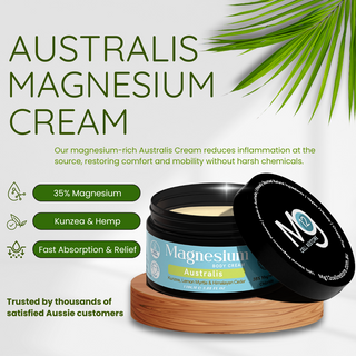 Australis Magnesium Cream jar with green leaf on a white background