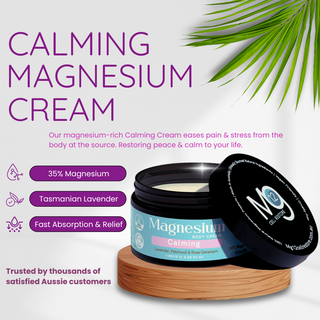 Calming magnesium cream jar with lid on a white background
