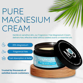 Fragrance-free magnesium cream jar with text on a white background