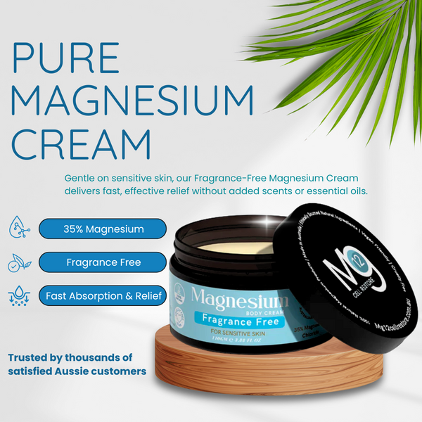 Fragrance-free magnesium cream jar with text on a white background