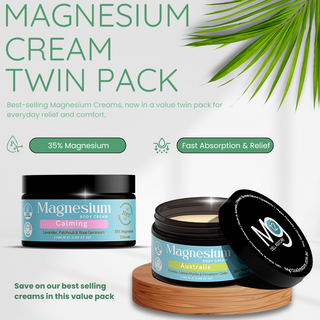 Magnesium cream twin pack with jars and a leaf on a light background